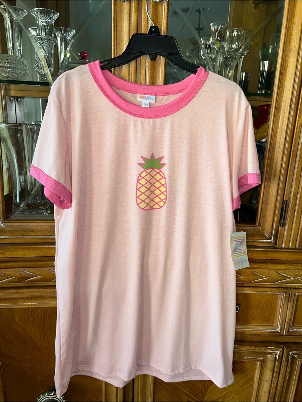 LuLaRoe Pink Pineapple Ringer Sleep Tee with Hot Pink Trim